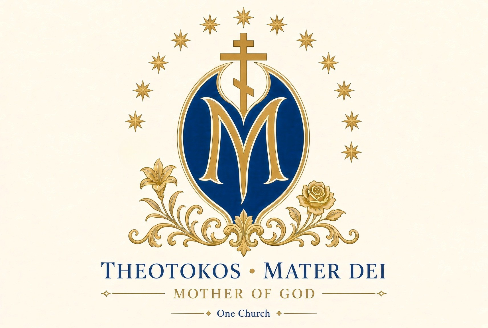 The full emblem of Theotokos · Mater Dei — a blue mandorla with the Marian M, crowned by a three-bar cross, framed by twelve stars, a lily and a rose