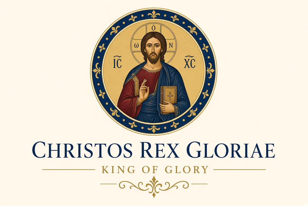The emblem of the Christos wing — Christ Pantocrator, King of Glory, enthroned in a gold roundel bordered in Marian blue, giving blessing and holding the Book, inscribed IC XC · Christos Rex Gloriae · King of Glory